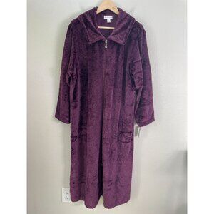 NEW Miss Elaine Womens XL Aubergine Full Zip Robe Floral Fleece Lounge Dress